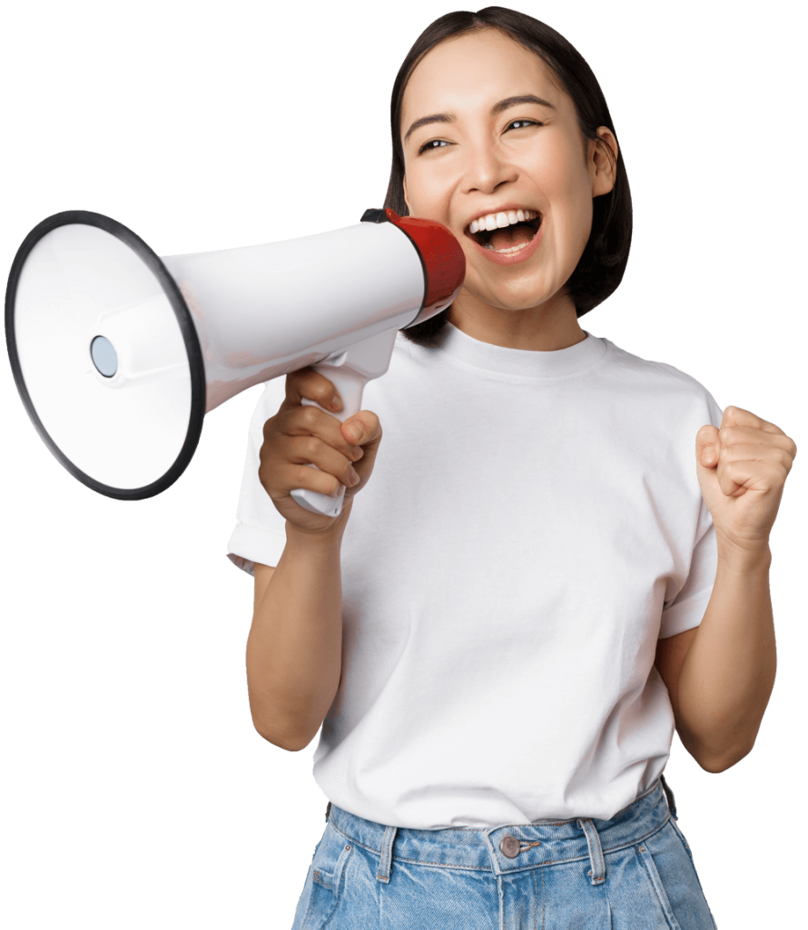 asian girl shouting at megaphone young activist p DC9ADVL