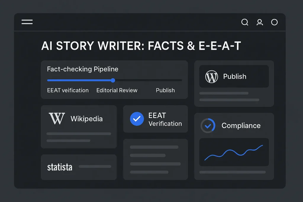 AI Story Writer for Agencies: Ethics, E-E-A-T, and How to Keep Facts Straight 5 AI story writer dashboard with fact-checking workflow and E-E-A-T controls for agencies