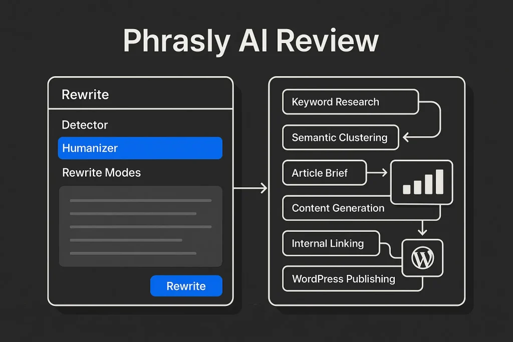 Phrasly AI review comparing a humanizer tool with a full SEO content automation workflow