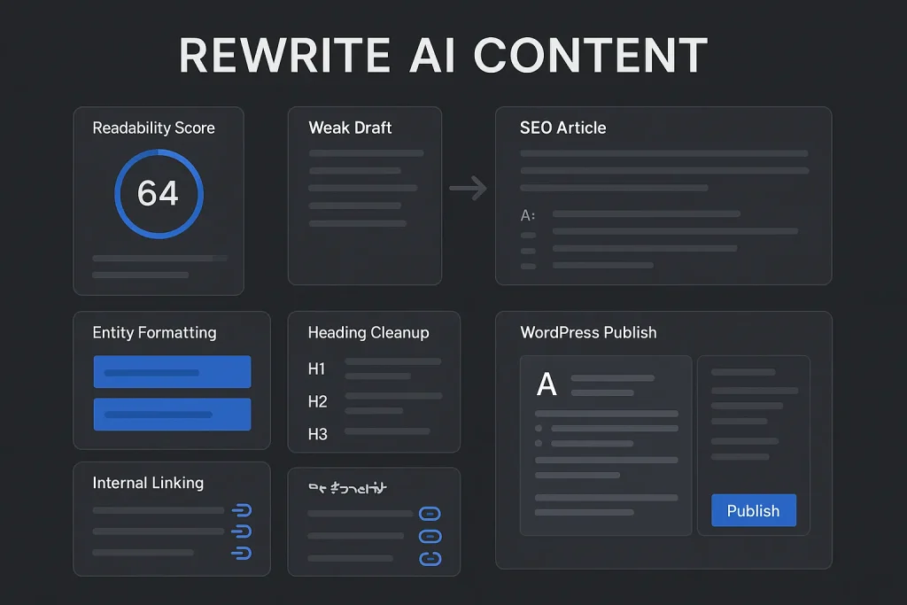 Dashboard-style illustration about rewrite ai workflow for SEO content optimization