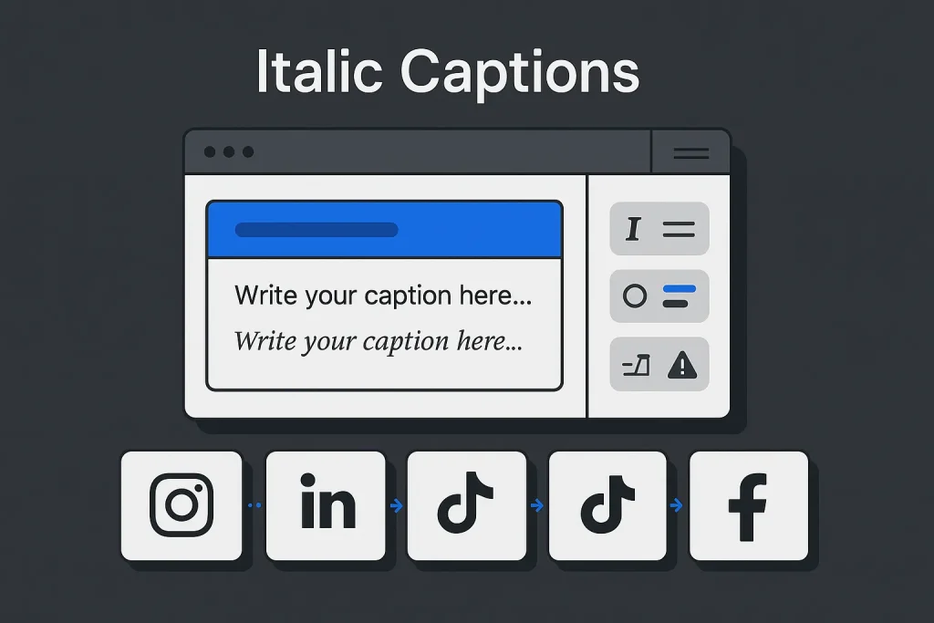 Dashboard-style illustration about using an italics generator for social media captions