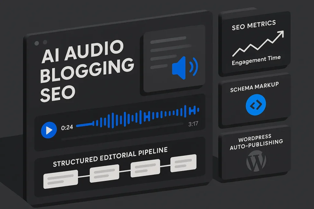 Dashboard-style illustration of ai text to speech workflow for audio blogging and SEO engagement