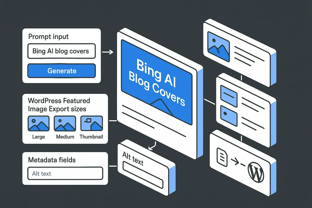 Dashboard-style illustration of bing image creator ai image generator workflow for blog cover creation and WordPress publishing