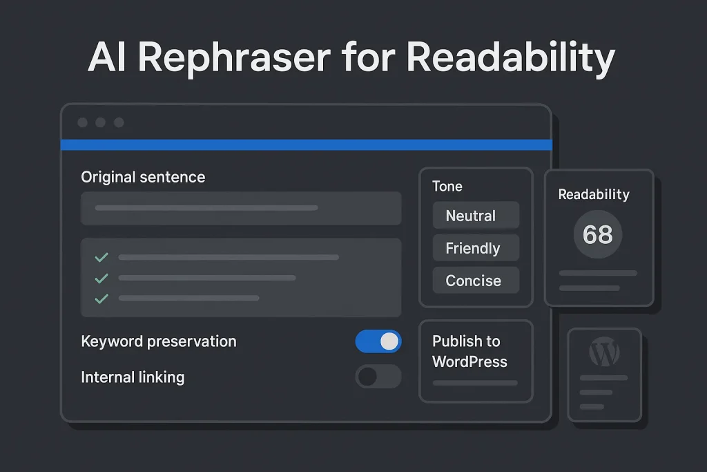 AI rephraser dashboard showing sentence refinement, tone control, and readability optimization for SEO content