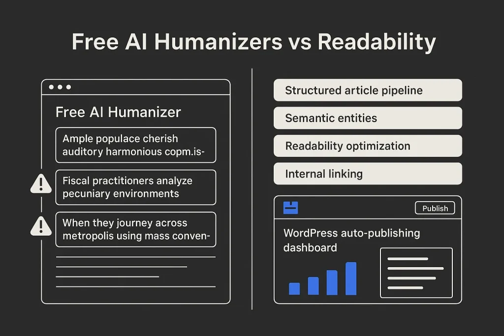 Comparison visual for humanize ai text free tools versus structured SEO rewriting workflow