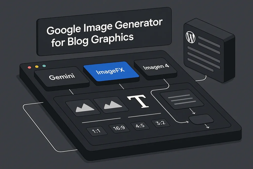 Google image generator dashboard workflow for creating blog graphics and WordPress covers
