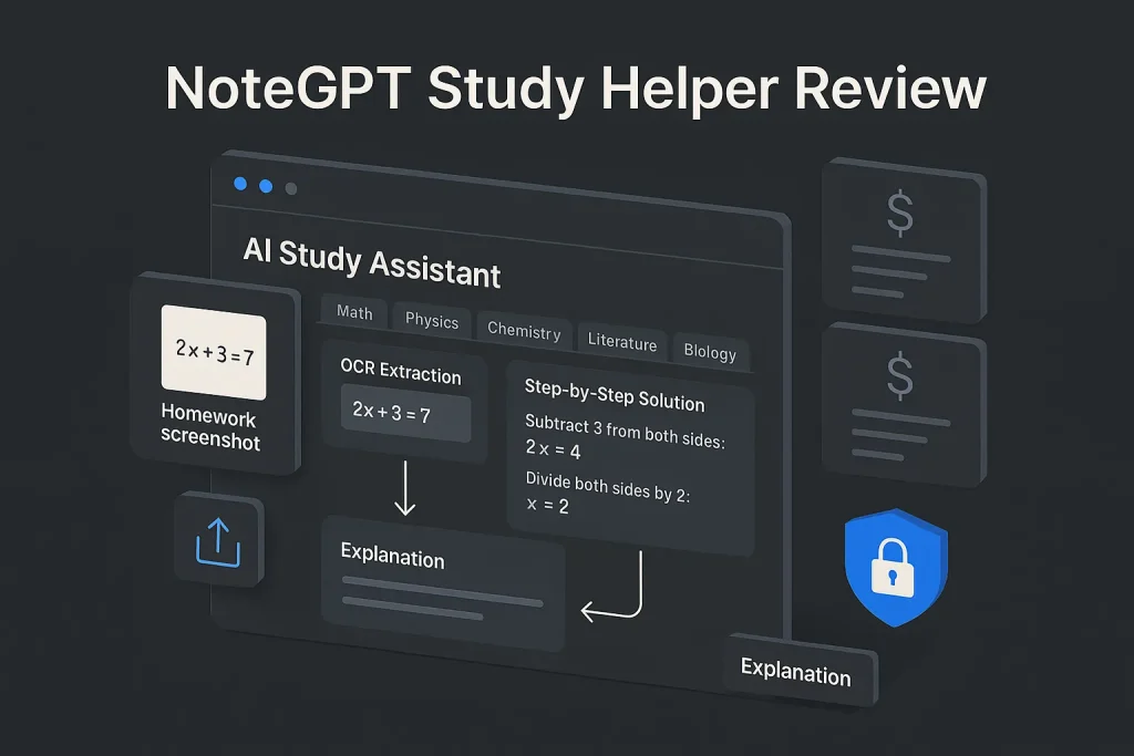 NoteGPT AI Homework Helper review cover showing AI study assistant dashboard and image-based homework solving workflow