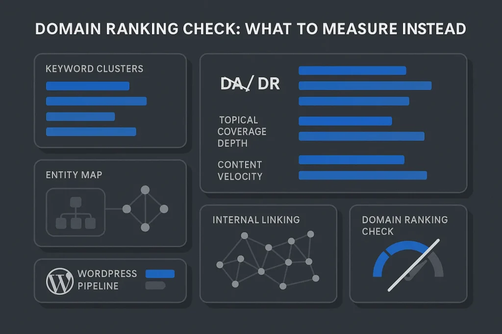 Dashboard illustration showing domain ranking check versus topical authority, internal links, and content velocity metrics