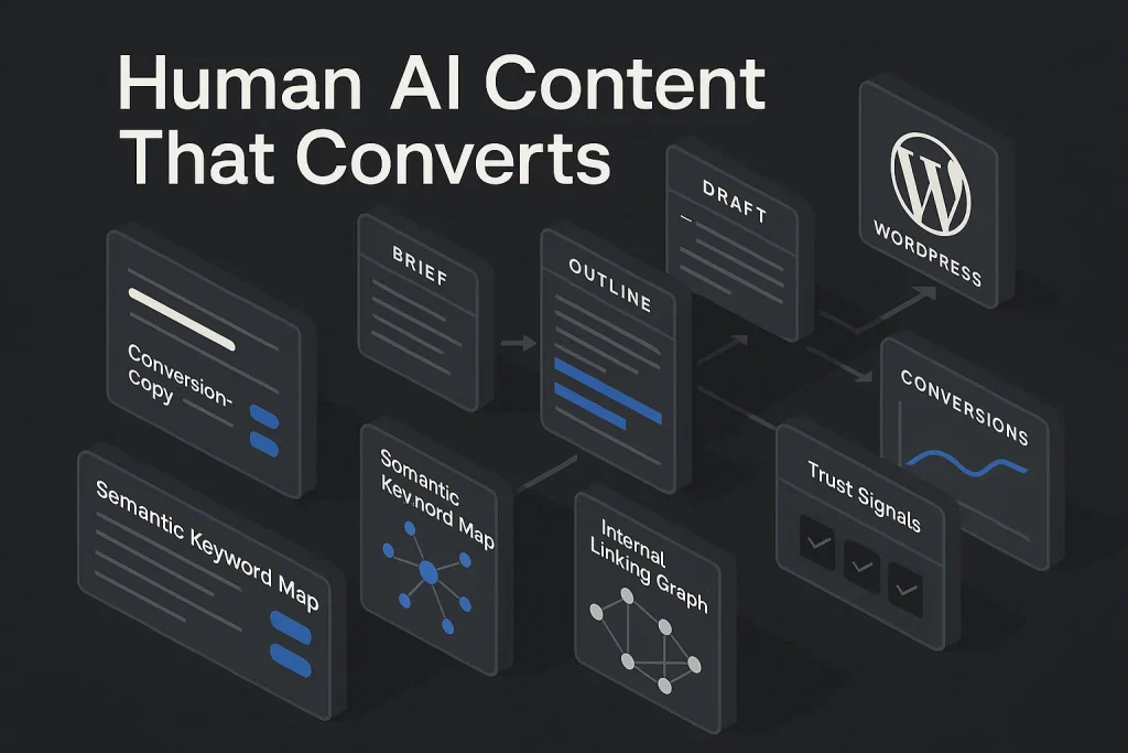 Dashboard illustration about write human ai content with SEO workflow and conversion optimization