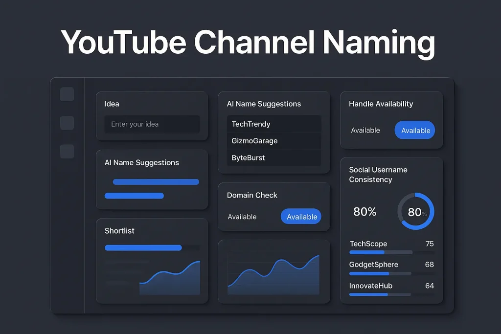 YouTube name generator workflow dashboard for finding a brandable channel name