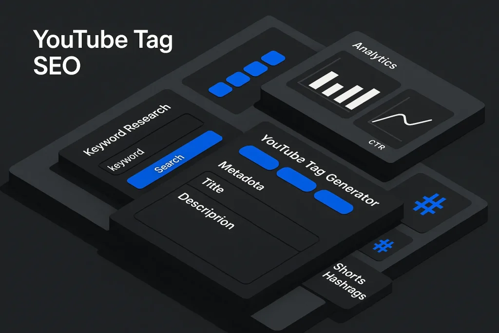 Dashboard-style illustration of a youtube tag generator workflow for video SEO optimization