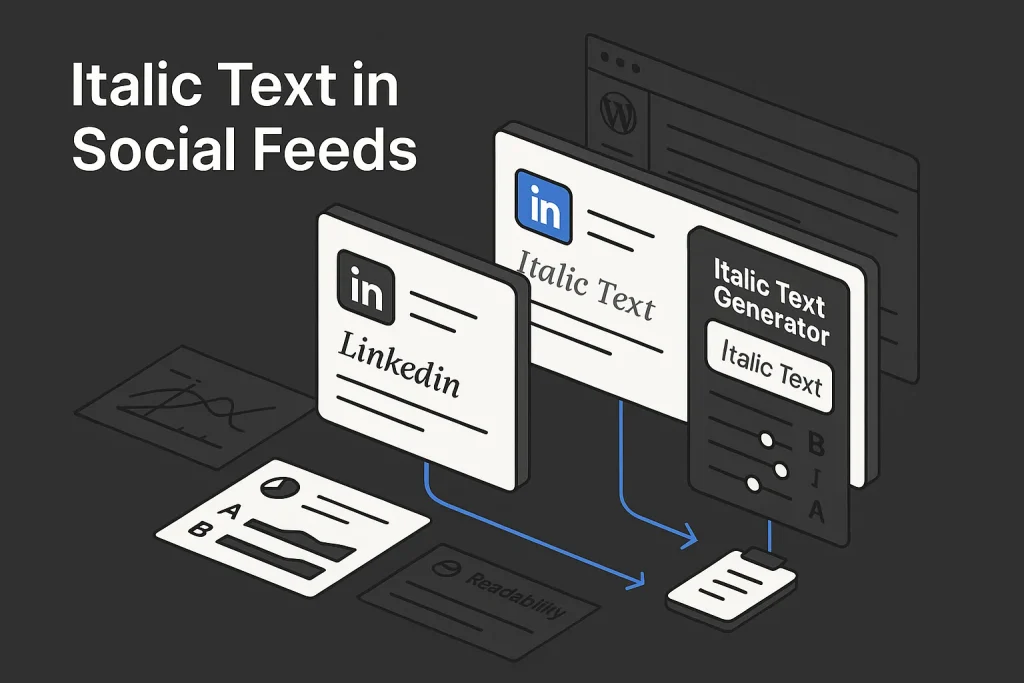 Dashboard-style illustration about using an italicized text generator for LinkedIn and Facebook formatting
