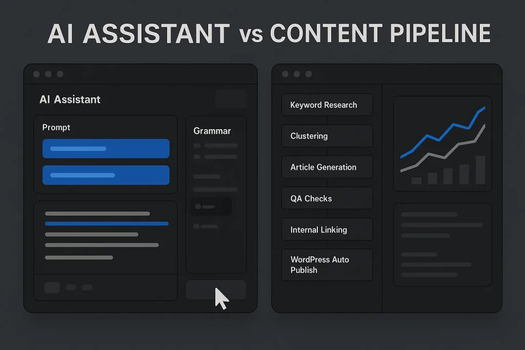 AI powered writing assistant compared with an autonomous SEO content pipeline dashboard