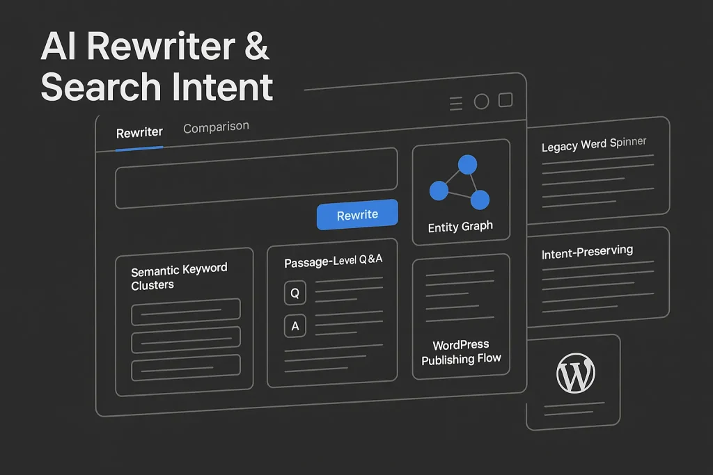 AI rewriter dashboard showing search intent preservation, entity mapping, and semantic rewrite controls