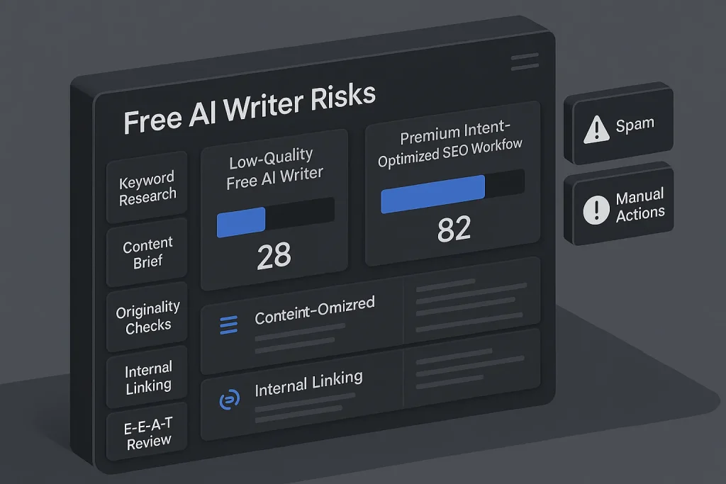 Dashboard illustrating ai writer free risks, SEO quality controls, and premium content workflow