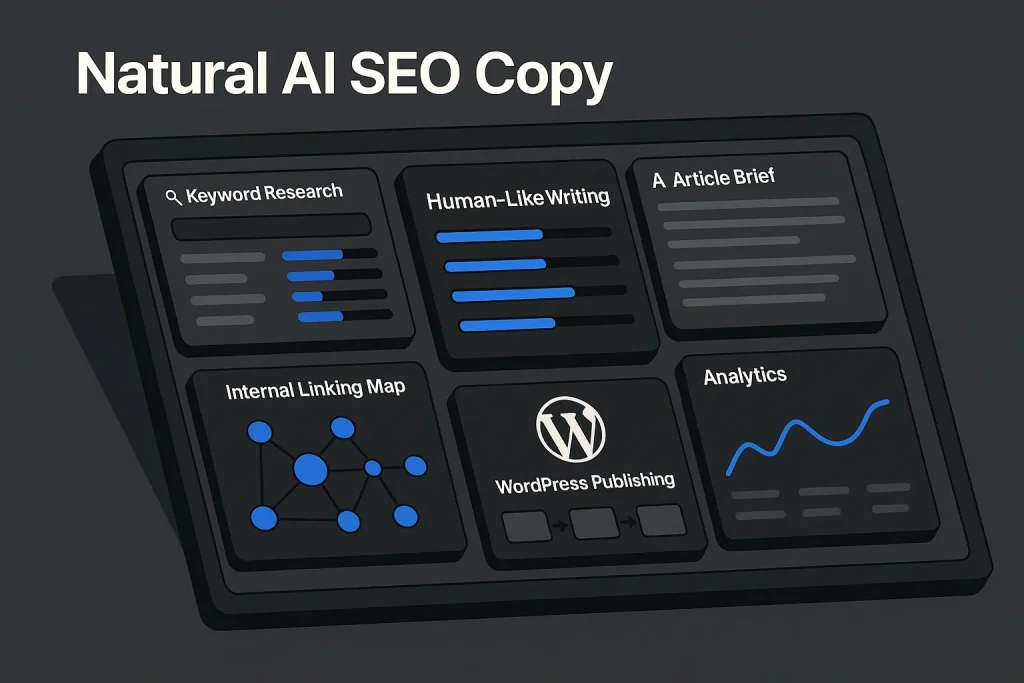Blog 8 Dashboard illustration for natural write ai SEO workflow and human-like expert content generation