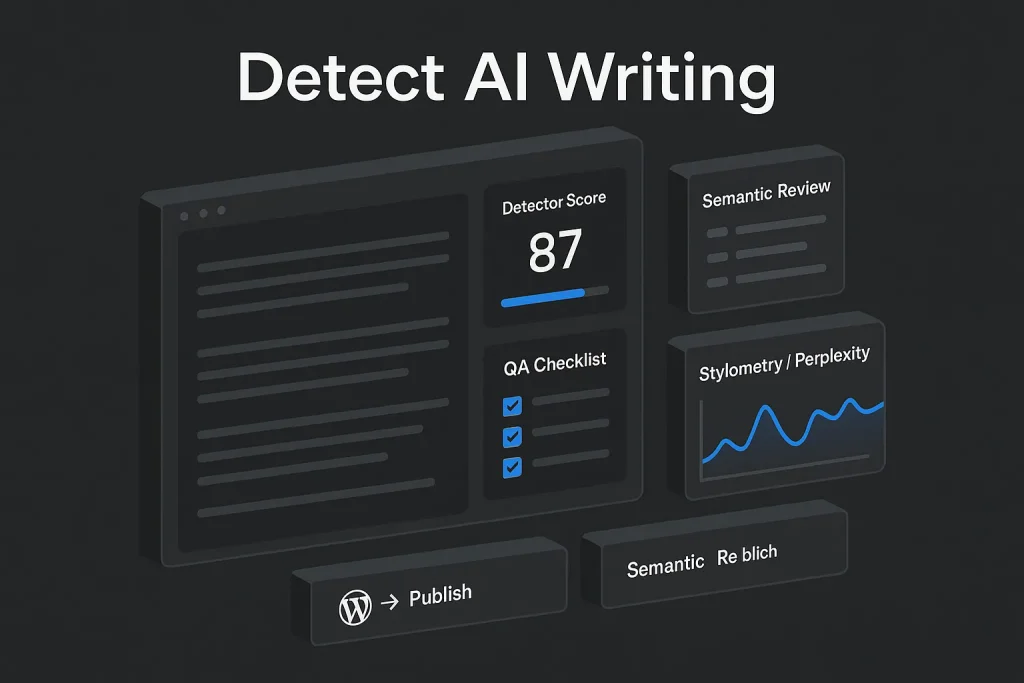 Blog 7 Dashboard-style illustration about detect ai writing for bloggers and editorial QA