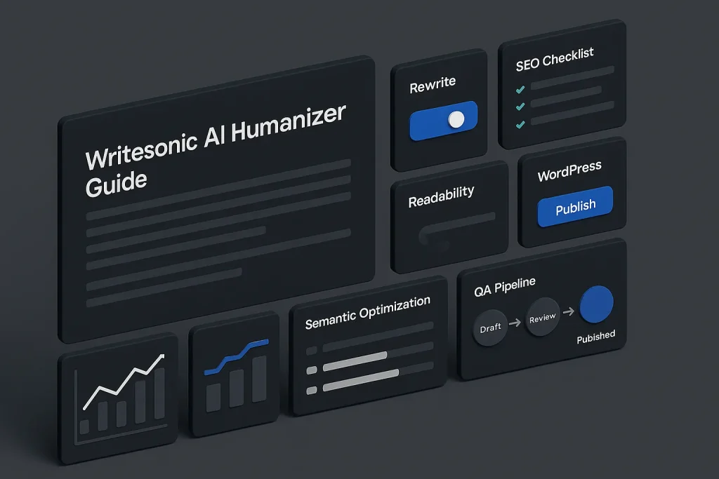 Blog 6 Dashboard-style illustration of Writesonic's AI Humanizer workflow for bloggers and SEO editing