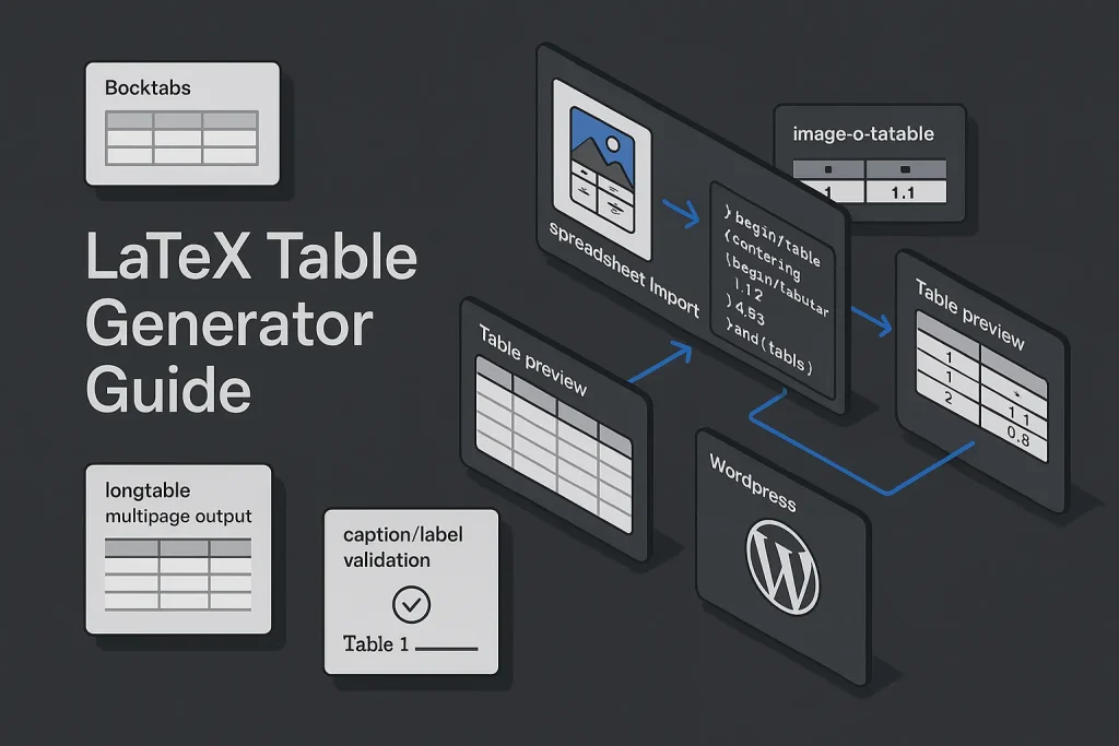Blog 5 Dashboard-style illustration of a latex table generator workflow for bloggers