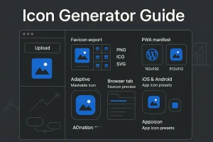 Icon generator dashboard for bloggers with favicon, WordPress, and PWA export workflow