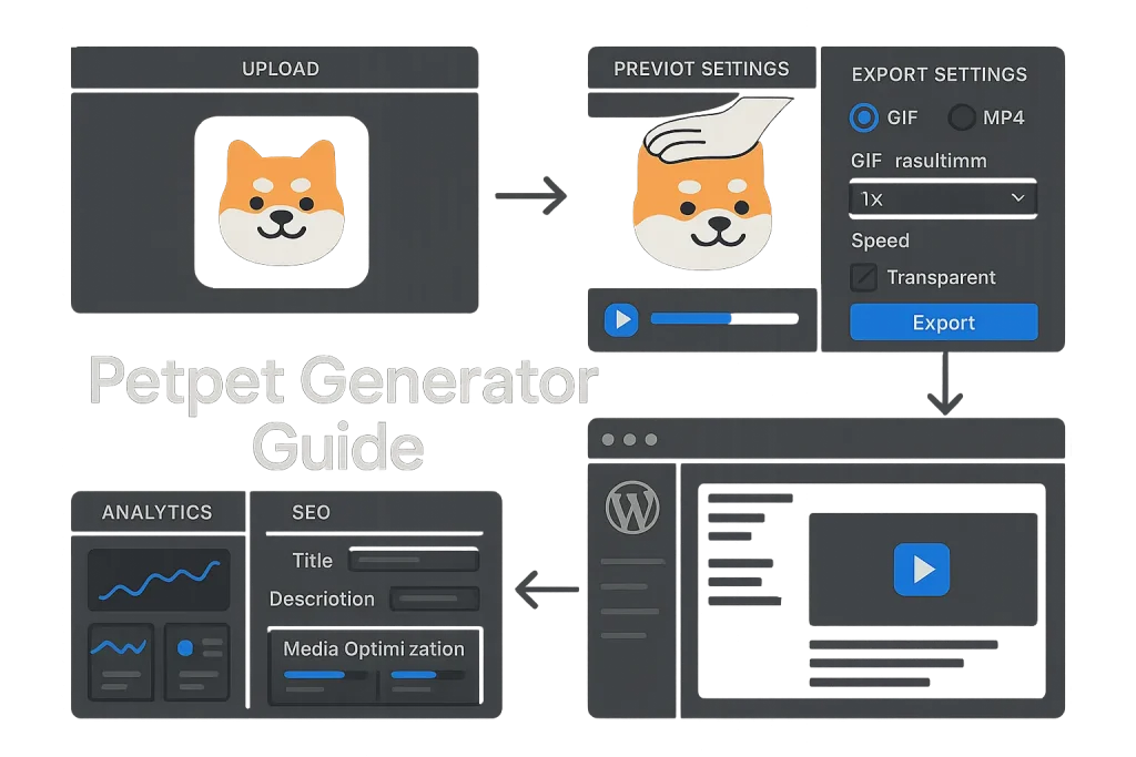 Blog 3 Dashboard-style illustration of a petpet generator workflow for bloggers with export and SEO publishing steps