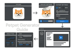 Dashboard-style illustration of a petpet generator workflow for bloggers with export and SEO publishing steps