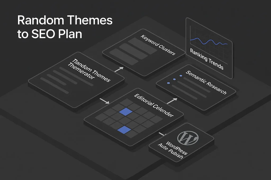 Dashboard illustration showing a random themes generator feeding an SEO content planning workflow