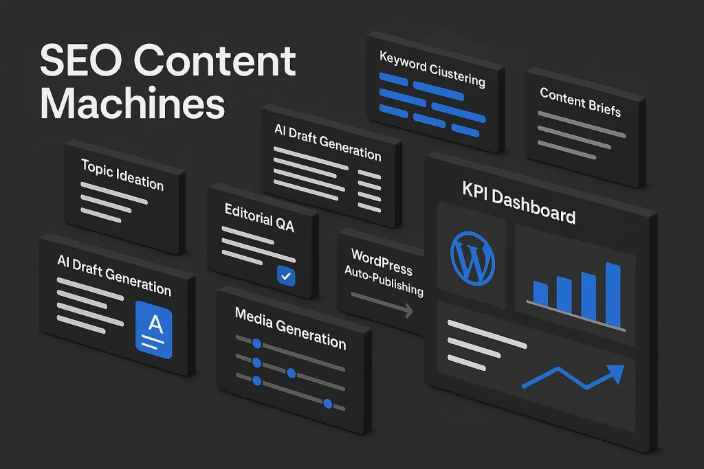 SEO agency dashboard illustrating content machines with AI workflow and WordPress publishing automation