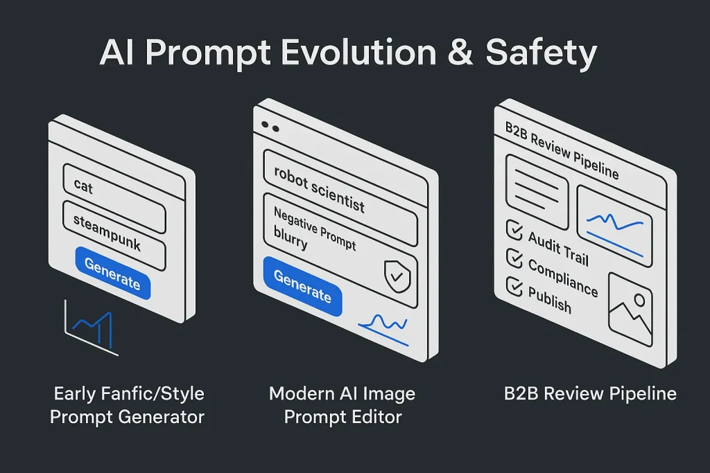 Dashboard-style illustration about nsfw prompt generator evolution and safe AI prompt workflows