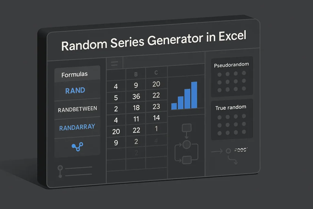 Blog 10 Excel dashboard illustrating a random series generator with formulas, shuffled lists, and validation charts