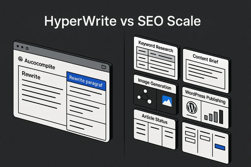 Blog 9 Comparison dashboard showing hyperwrite ai as a browser writing assistant versus a scalable SEO publishing workflow